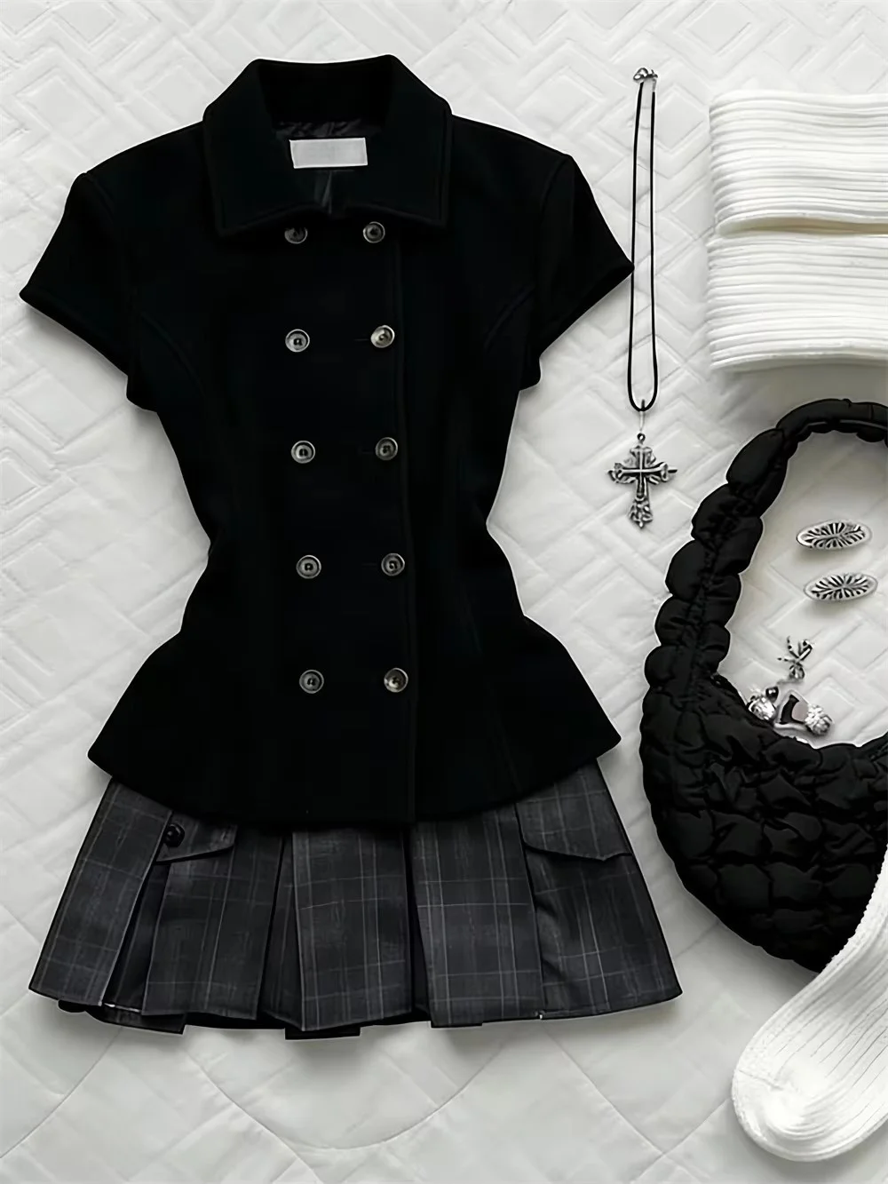 Summer Outfit Set Women's Black Retro Doll Collar Tops Slimming School Style Short Sleeve Shirt Short Skirt Two Piece Set