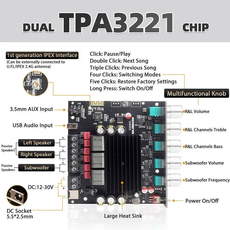 A73E-NEW S200HS Bluetooth 5.2 Subwoofer Digital Amplifier Board 2.1 Channel 100W+100W+200W Wide Voltage 12-24V Stereo Hifi