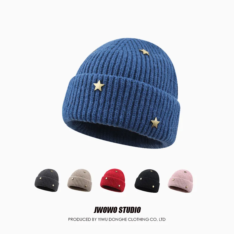 Trendy Star Studded Knitted Woolen Cap Neutral Autumn Warm Thickened Retro Headband Cap Personalized Elastic Woolen Crochet Cap