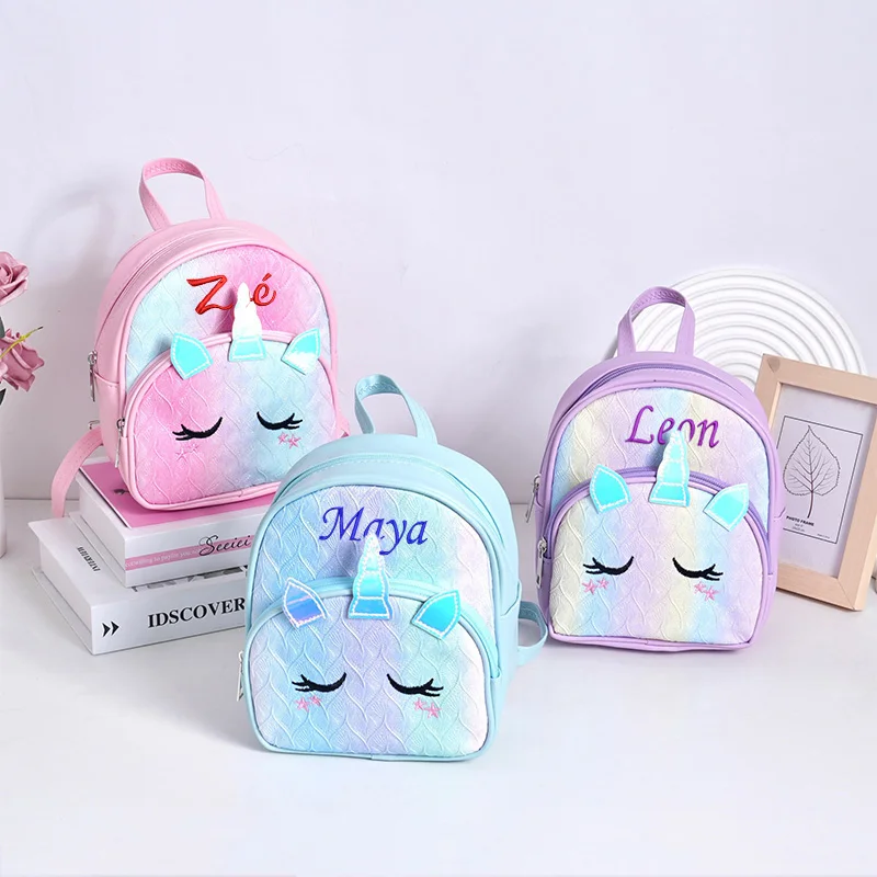 Mochila escolar bordada con pestañas, bolso de un solo hombro, personalizado, unicornio de dibujos animados, teñido con lazo láser, nueva moda