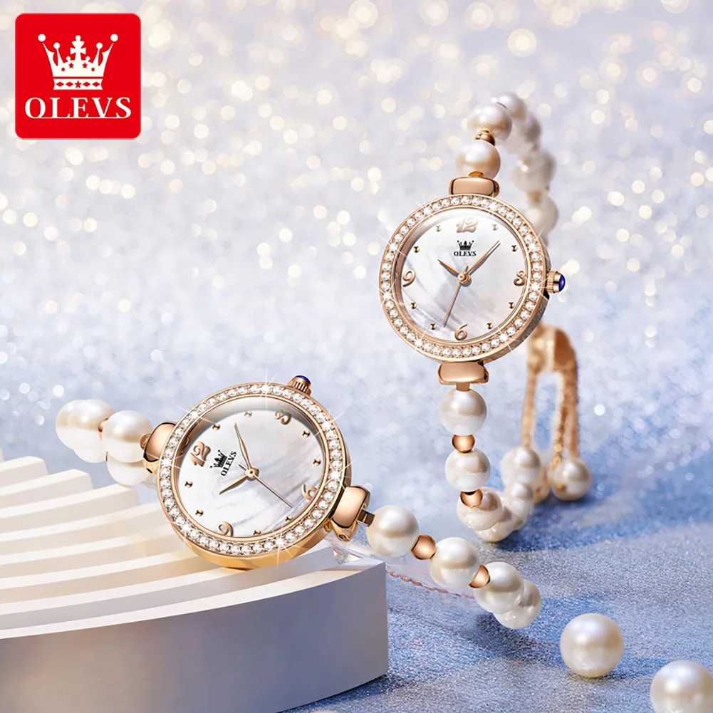 OLEVS 9968 Elegant Ladies Quartz Watches Luxury Brand Pearl Bracelet Strap Diamond Bezel Waterproof Women Jewelry Watch Clock