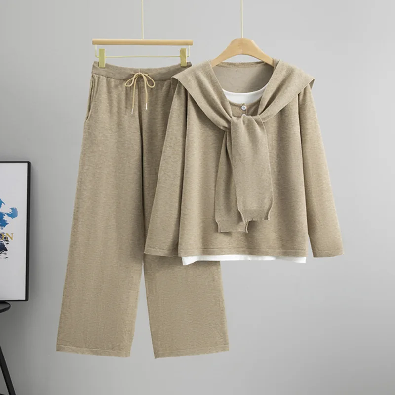 

Женские модные вязаные комплекты из 2 предметов, корейский трикотаж, свитер, однотонные топы, шаль, свободные эластичные прямые брюки с высокой талией, наряды B621