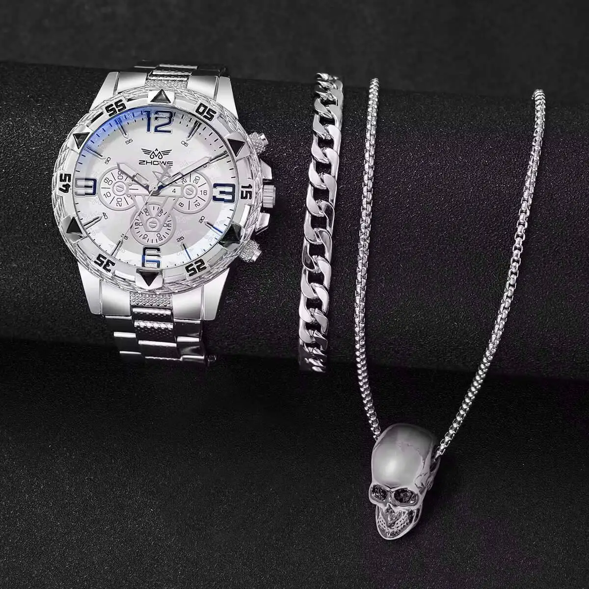 男性用ステンレススチールクォーツ時計,ラージダイヤル,ビジネスジュエリーセット,ボックスなし,ファッション,3個