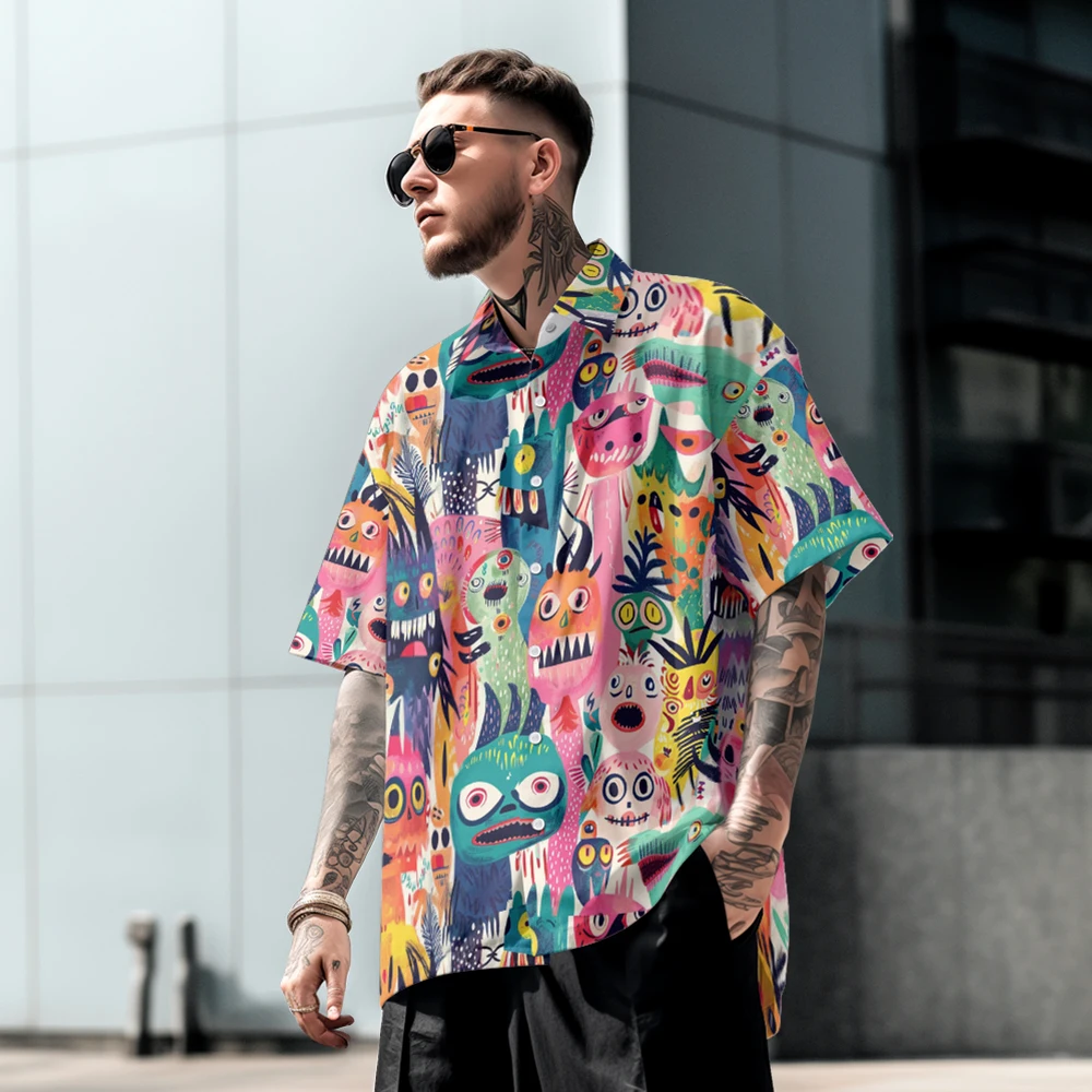 

Summer casual oversized short sleeved shirt with cartoon print, loose fit, comfortable Hawaiian beach trend, single breasted