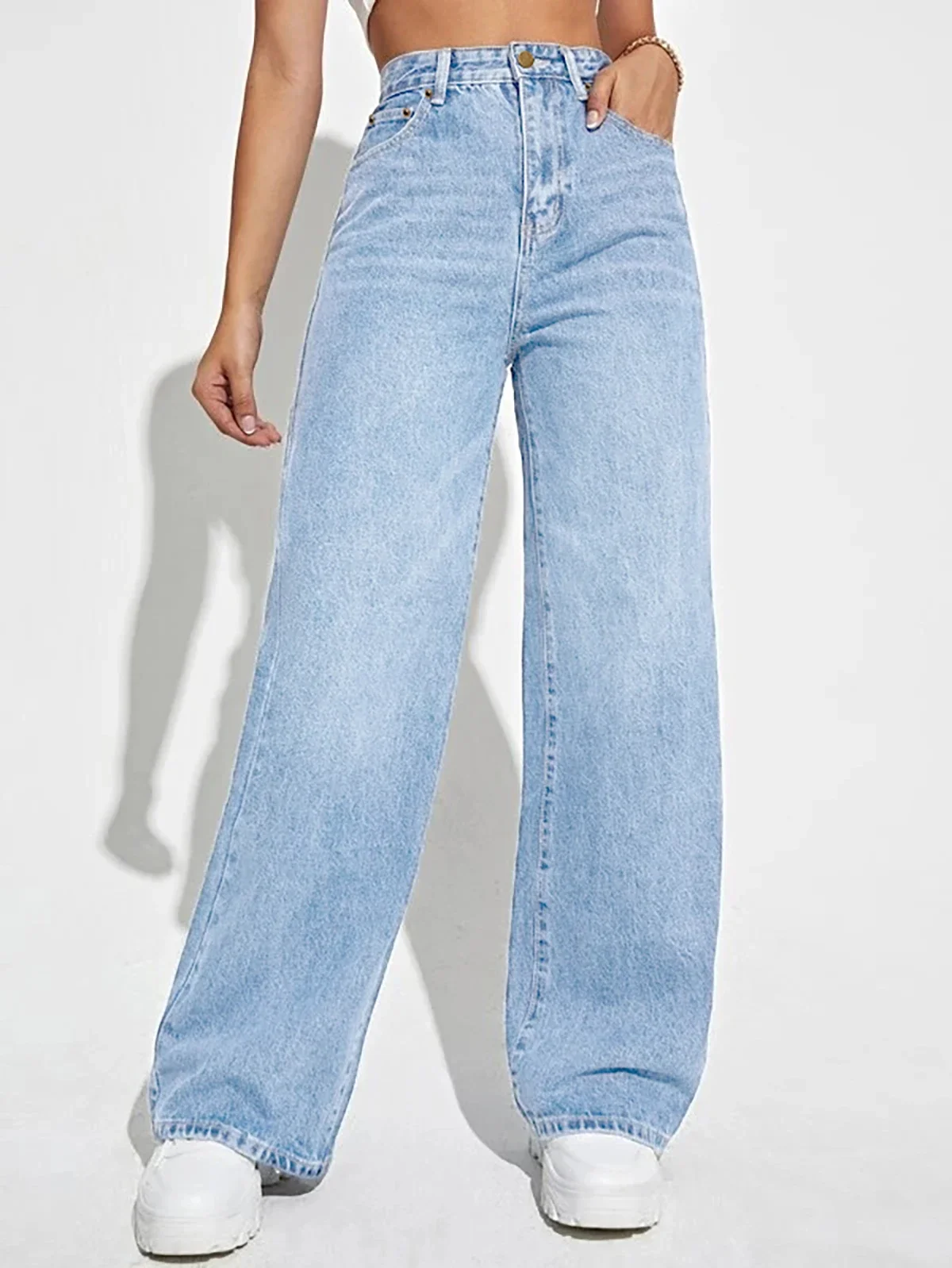

New best selling mid-waist straight jeans women's solid color loose all-match Denim trousers