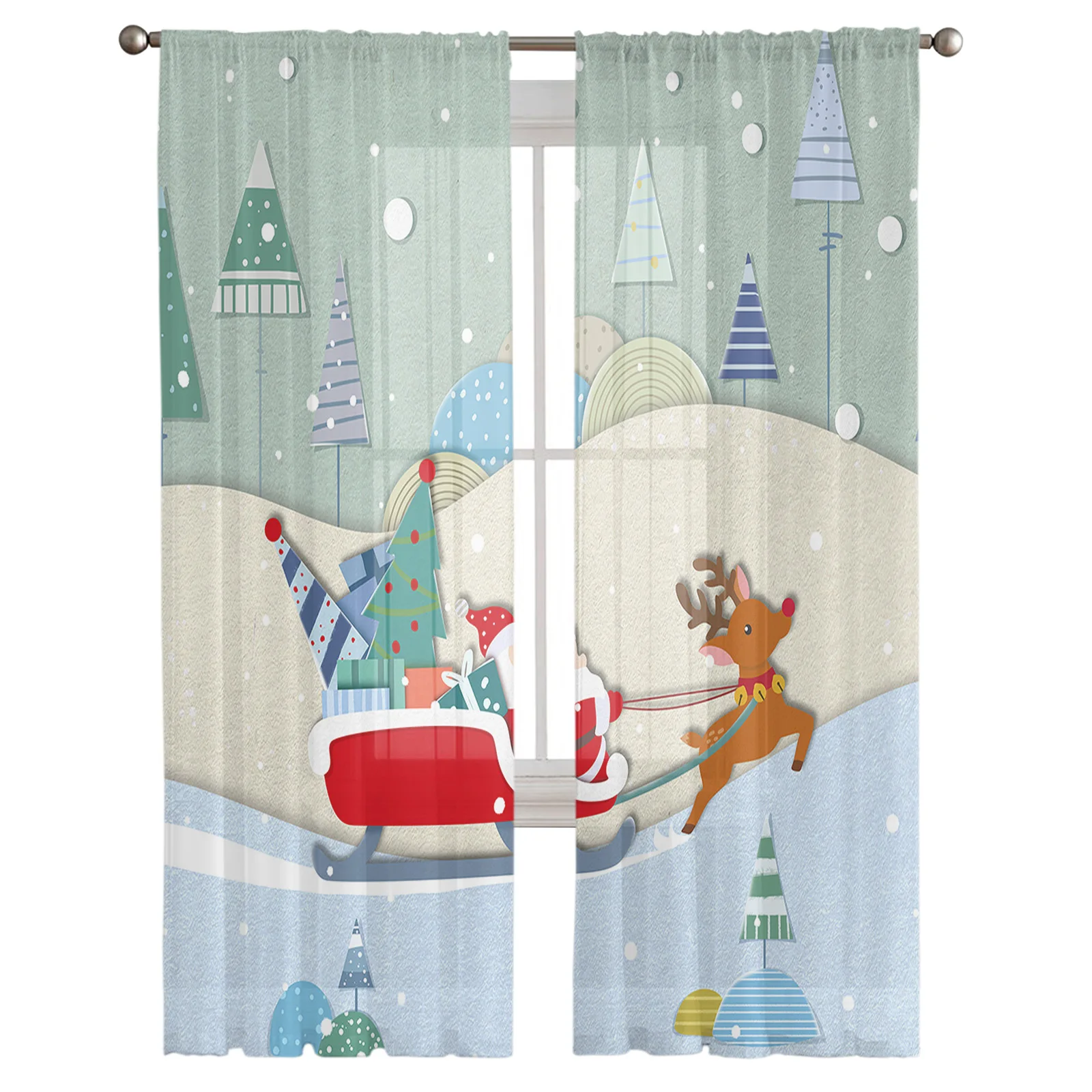 Santa Elk Snow Merry Christmas Sleigh Tree Tulle Curtains Living Room Bedroom Window Sheer Curtains Balcony Voile Curtains