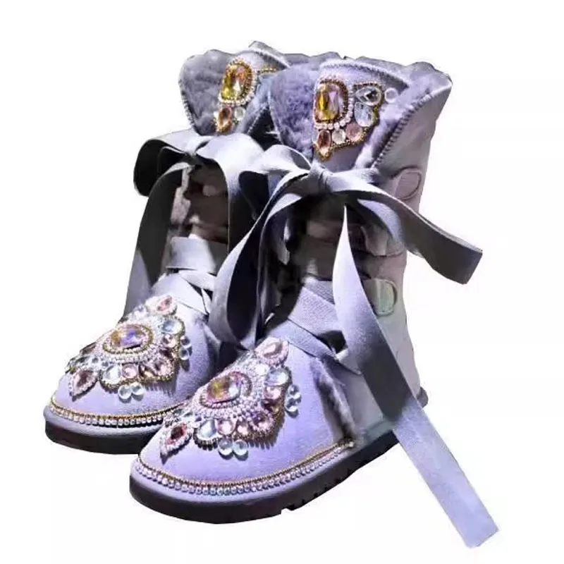 Grey Suede Multi-color Rhinestone Flower Ribbons Lace- Up Snow Boots Winter Boots Thick sole Plush Fur Ankle Boots for Woman