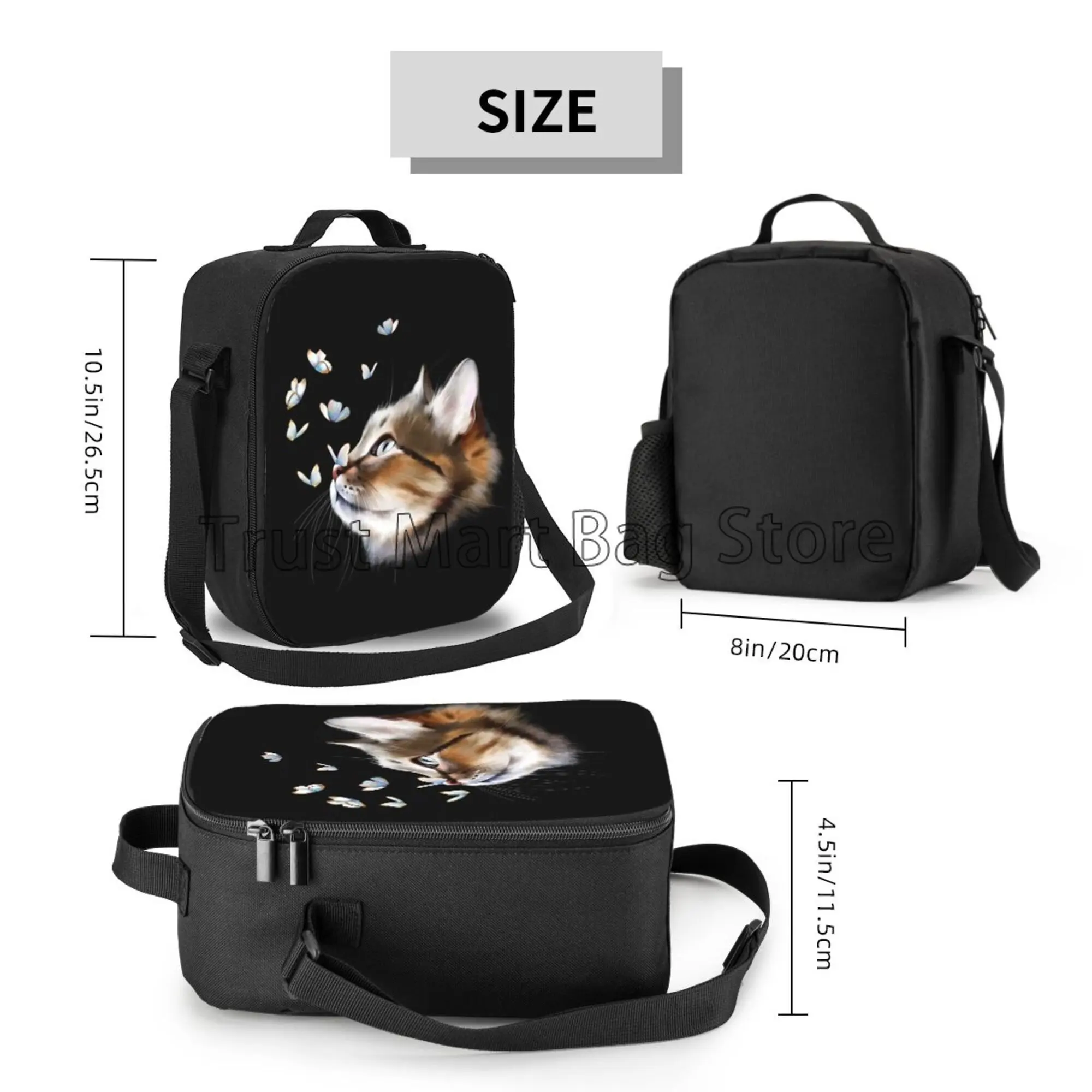 Portrait Cat with Butterflies Insulated Lunch Bag for School Work Picnic Beach Reusable Thermal Cooler Tote with Shoulder Strap