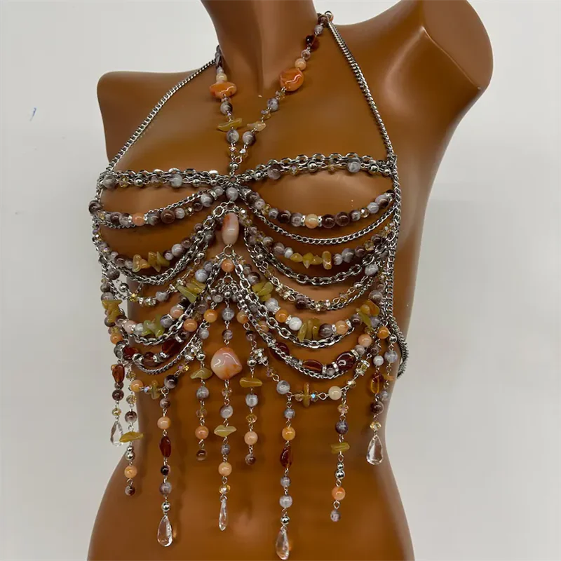 Handgefertigtes Perlen-Bodychain-Bralette für Damen, Neckholder, Naturstein, mehrlagiges Harness-Crop-Top, sexy Quasten-Bustier für Strand und Festival – Detail 3