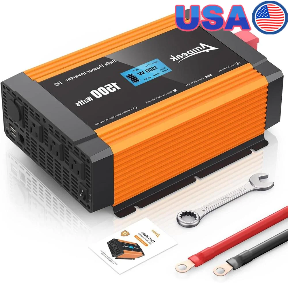 1500W Power Inverter 6.2A Dual USB Ports 3AC Outlets Inverter DC 12V to AC 110V Cigarette Lighter Port 17 Protections Outdoor