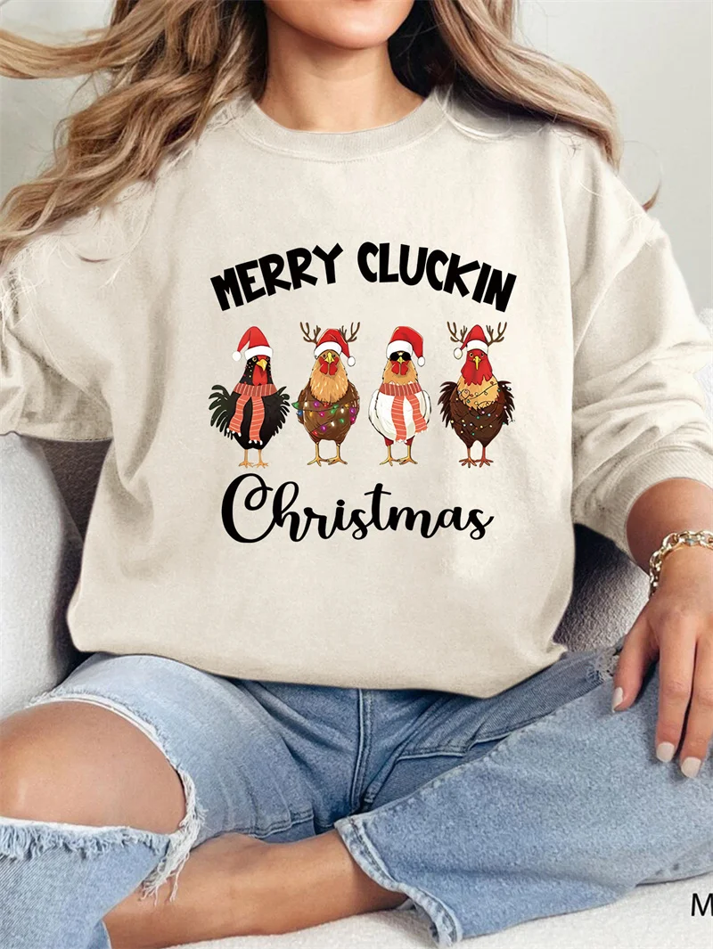 New cotton women's winter merry cluckin christmas Christmas Farm print letter casual vintage crew-neck fleece hoodie
