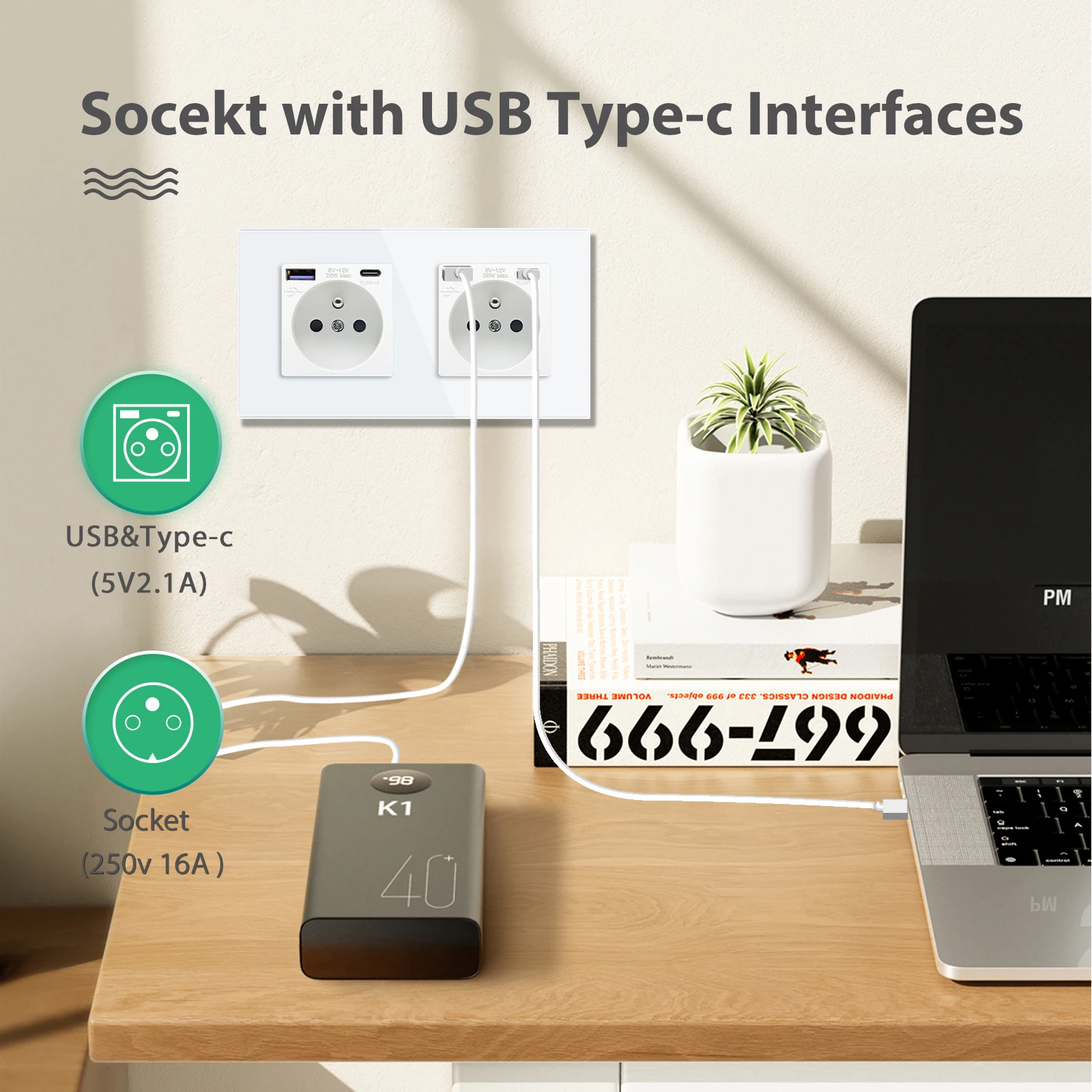 BSEED 1/2/3Gang Mechanical Wall Light Switches 1Way Plus French Socket USB Type-c Ports USB Power Sockets Glass Frame 16A
