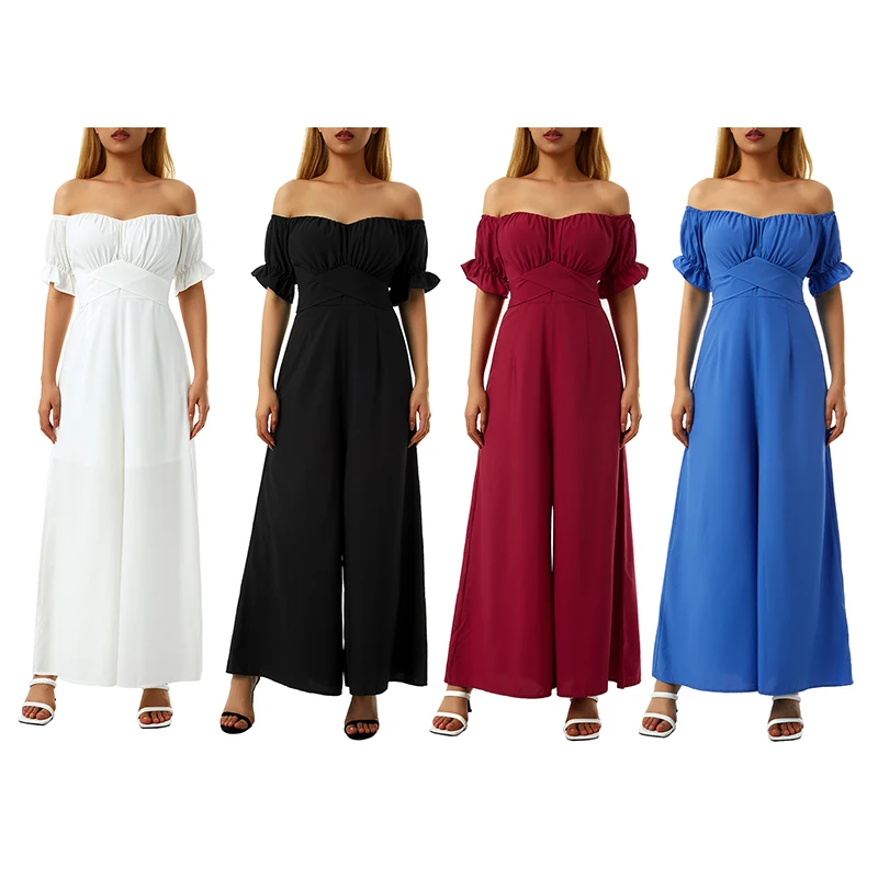 

Women Fashion Summer Jumpsuit, Solid Color Puff Short Sleeve V-neck Loose Wide Leg clubwear