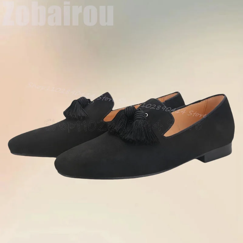 

Sky Blue Tassels Decor Black Low Top Suede Loafers Fashion Slip On Men Shoes Luxurious Handmade Party Banquet Men Casual Shoes