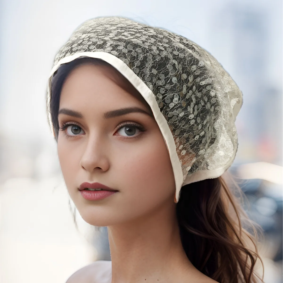

New Women's French Vintage Scarf Hat with Embroidered Flowers, Lace, Rhinestones, and Sweet Triangular Design