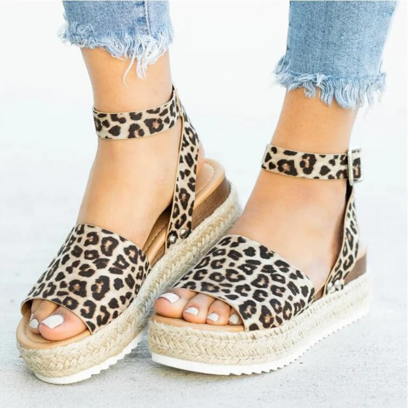 New Women Casual Sandals Fish Mouth Hemp Rope Platform Wedge Shoes Fashion Round Toe Buckle Leopard Print Beach Flats Plus Size