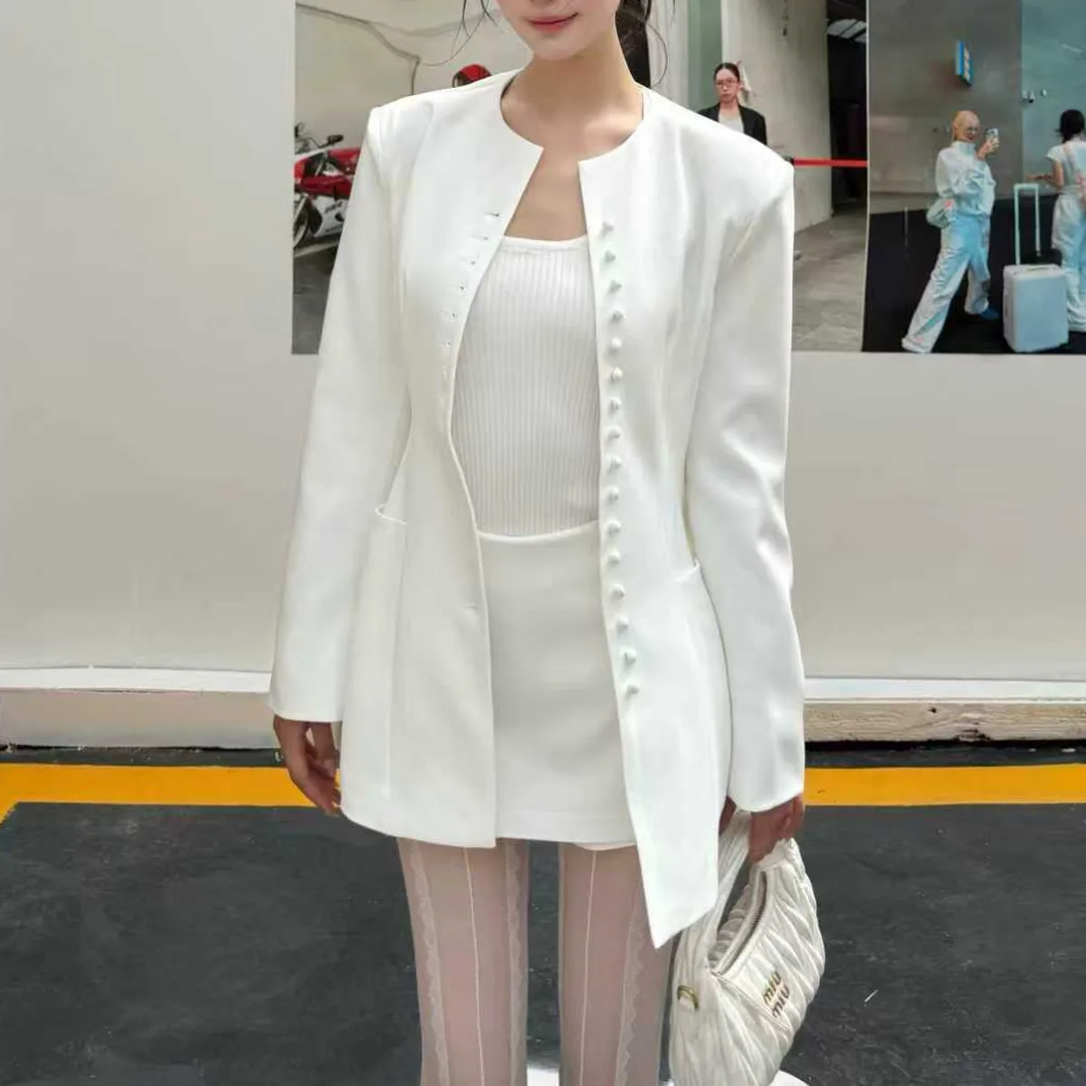 BJTZ Einreiher Designer Oansatz Blazer Jacke Für Frau 2025, Neue Einfarbig Tie-taille 2 Taschen Büro Dame weibliche Outwear