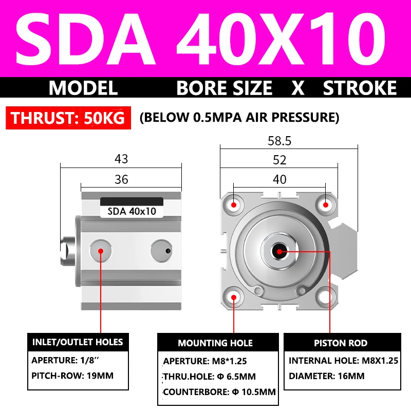 ABILKEEN SDA40X10 SDA Series Thin Air Cylinder 40MM Female Thread Bore X 10MM Stroke Double Acting Pneumatic Compact Cylinder
