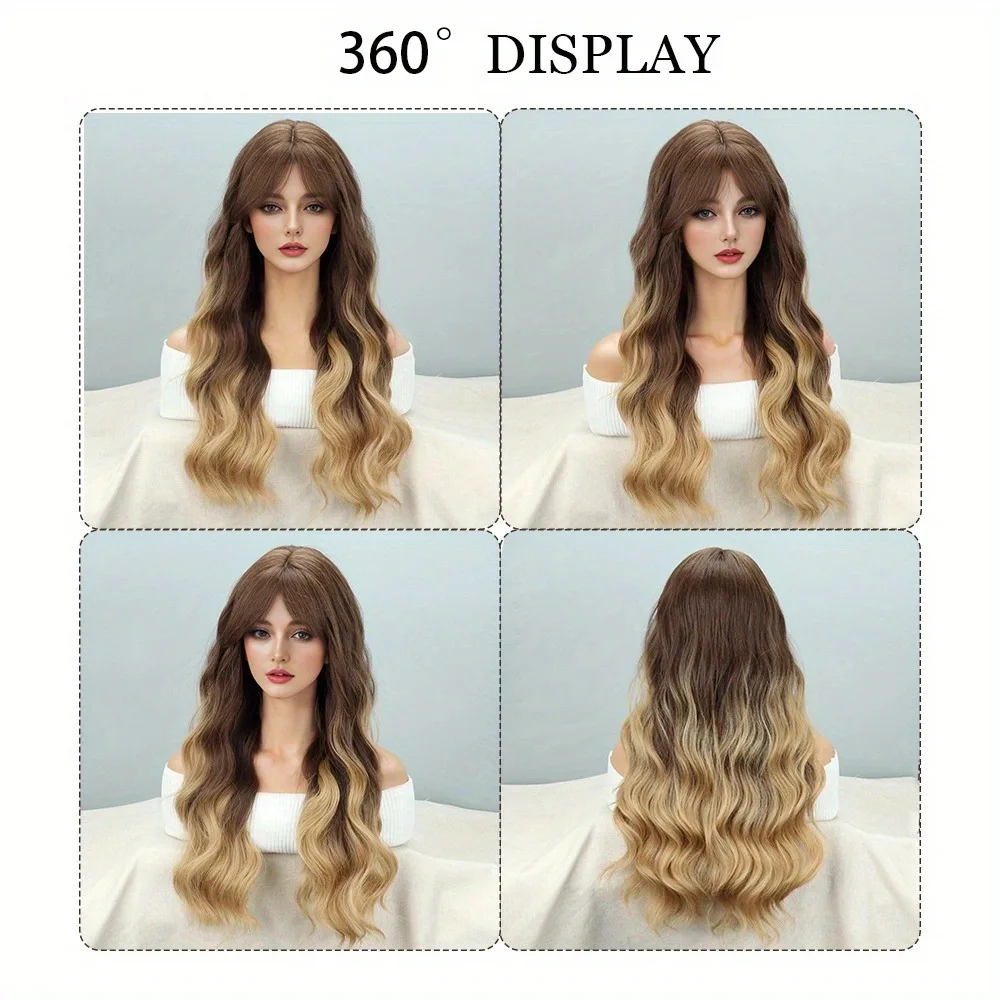 

European and American big wave wig women, eight-character bangs black gradual change brown long curly hair chemical fiber mechan