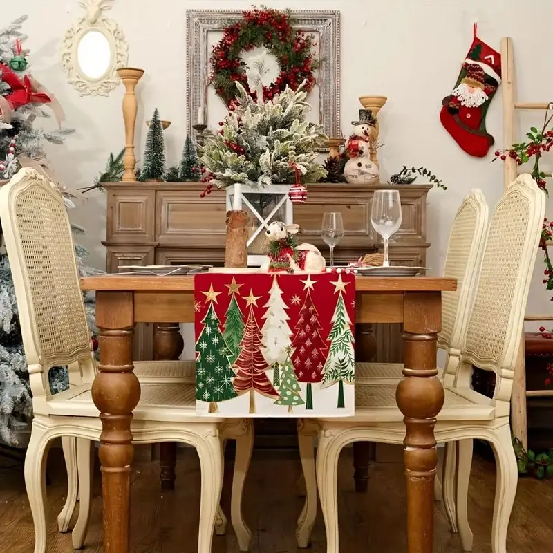 VIKAMA Christmas Table Runner, Reusable Xmas Tree Gold Snowflake Print Decor Table Runner For Dining Party Home Decor