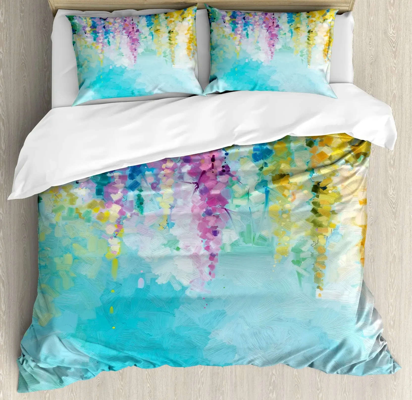 

Colorful Flower Duvet Cover Set,Abstract Ivy Romantic Landscape Spring Floral Art Nature Bedding Set Full Size,Turquoise Purple