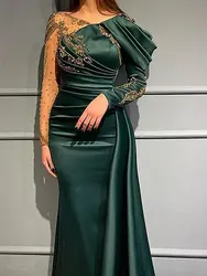 Elegant Jade Green Evening Dresses Arabic Dubai Gold Lace Applique Beaded Long SleeveMermaid Prom Gown Satin Celebrity Party