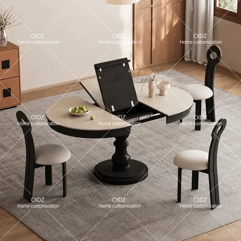 Medieval Travertine Rock Slab Dining Table Retractable Round Table for Small Apartment Living Room Black Finish