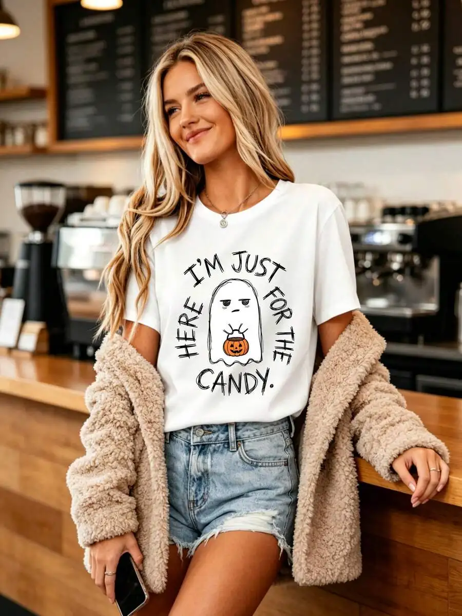2026 Fashion New Women Round Neck T Shirt Halloween Theme Funny Ghost Pattern Print Here For Candy Slogan Vintage Style Soft Breathable Ladies Daily Casual Basic Top Tee