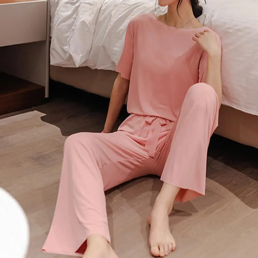 Women Pajama Set Sleepwear Set Elastic Round-neck Solid Color Breathable Women Top Pants Casual Loose Sleepwear Set