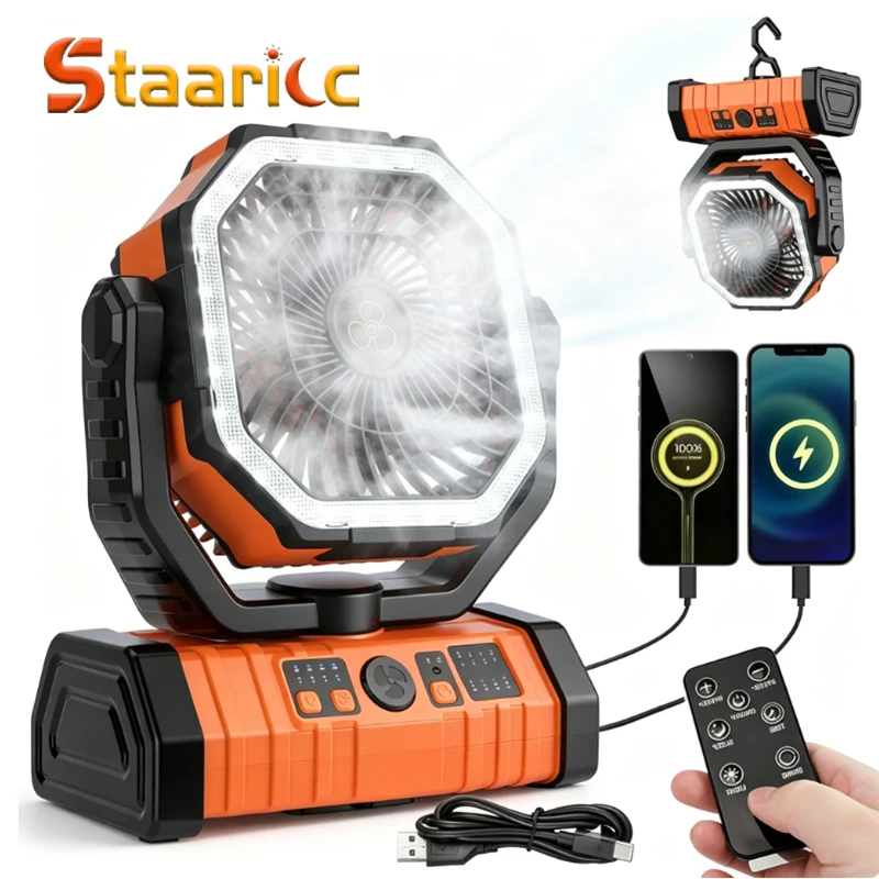 Camping Fan 20000mAh Battery Powered Fan Rechargeable with LED Light Portable Outdoor Tent Fan with Hanging Hook 4 Speeds Wind