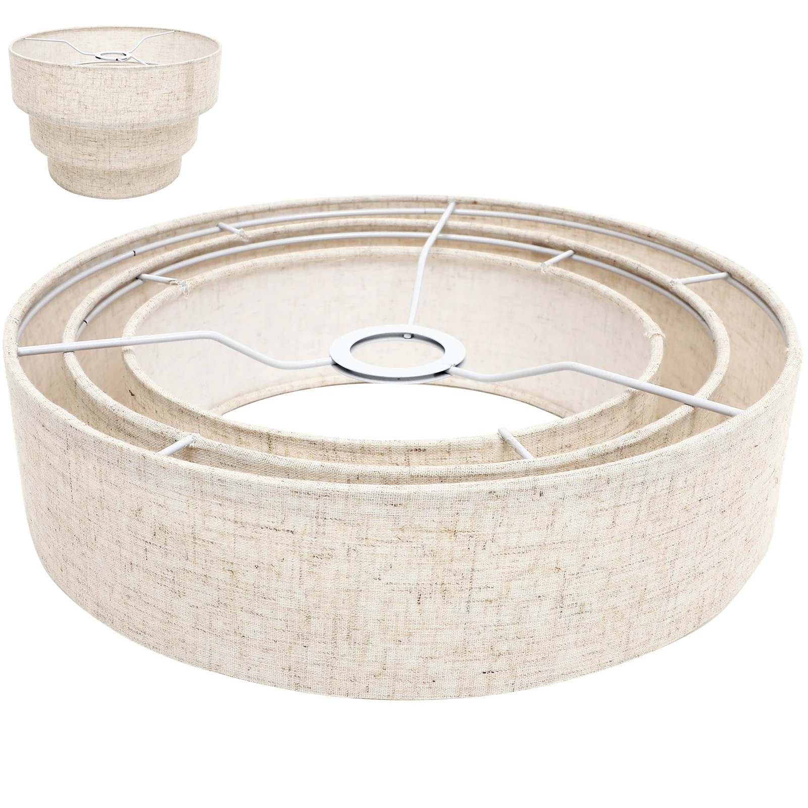 

3 Layers Lampshade Modern Metal Drum Natural Linen Soften Light Pendant Extra Large Floor Shade Chandelier Cloth Cover
