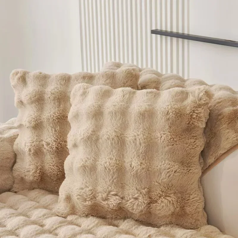 Winter Warm Super Soft Rabbit Plush Sofa Towel Thicken Bubble Velvet Non-slip Sectional Sofa Cover Non-slip L-shaped Couch Cover