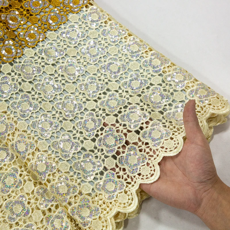 SJD LACE African Guipure Cord Lace Fabric with Sequin 2024 High Quality Double Color Guipure Lace Fabric for Elegant Women Dress