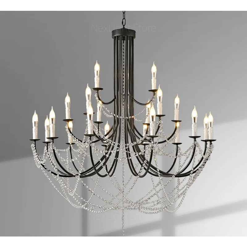 

French style new crystal living room chandelier, American style black duplex staircase villa loft, elevated high-rise main light