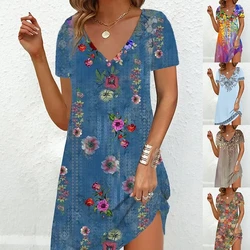 2023 moda vestido de talla grande Casual suelto con cuello en V señoras verano estampado fiesta mujer nuevo verano jersey vestido de manga corta