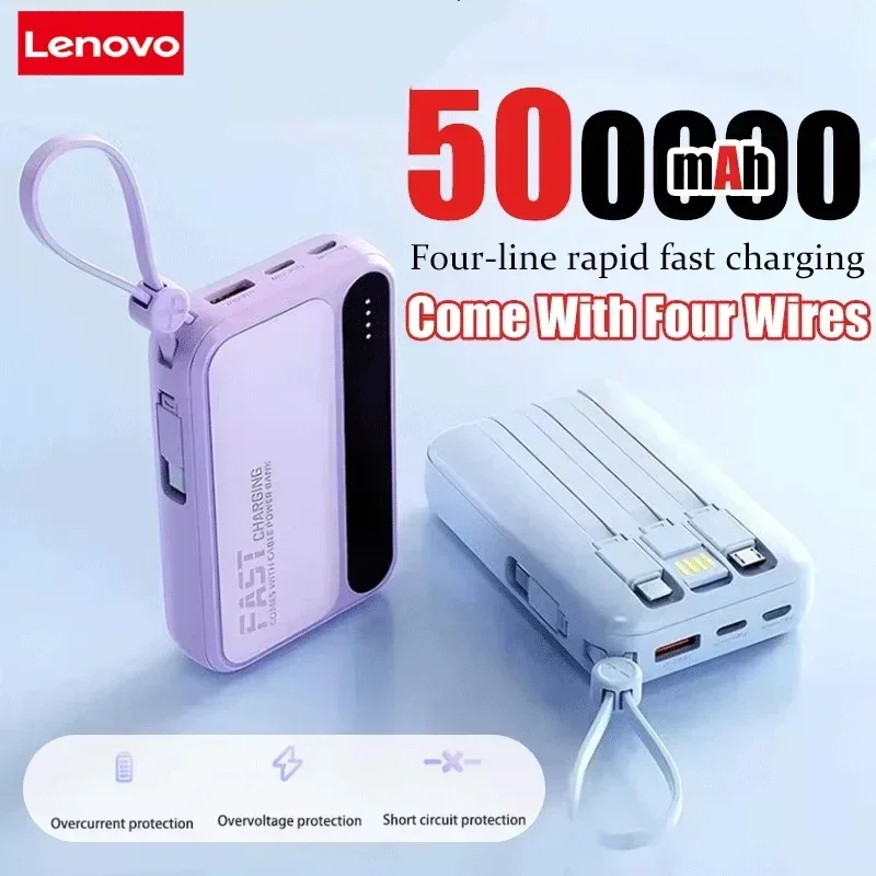 Lenovo 120W 500000mAh Power Bank Large Capacity 4 In1 Cables Intelligent Digital Display Light Portable Powerbank For iPhone New