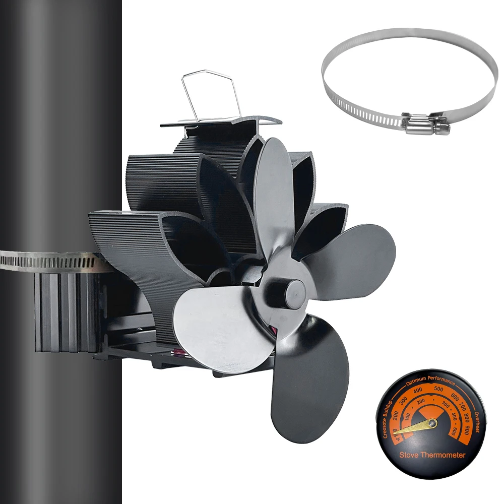 Wood Stove Fan Heat Powered Non-Electric Lotus Shaped Heat Distribution 4-Blade Flue Pipe Hanging Fireplace Fan with Thermometer