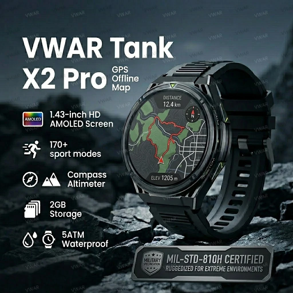 

Смарт-часы VWAR Tank X2 Pro с GPS-навигацией, офлайн-картами, 2 ГБ памяти, музыкальным плеером, водонепроницаемостью 5ATM для плавания и спорта, мужские, 2026