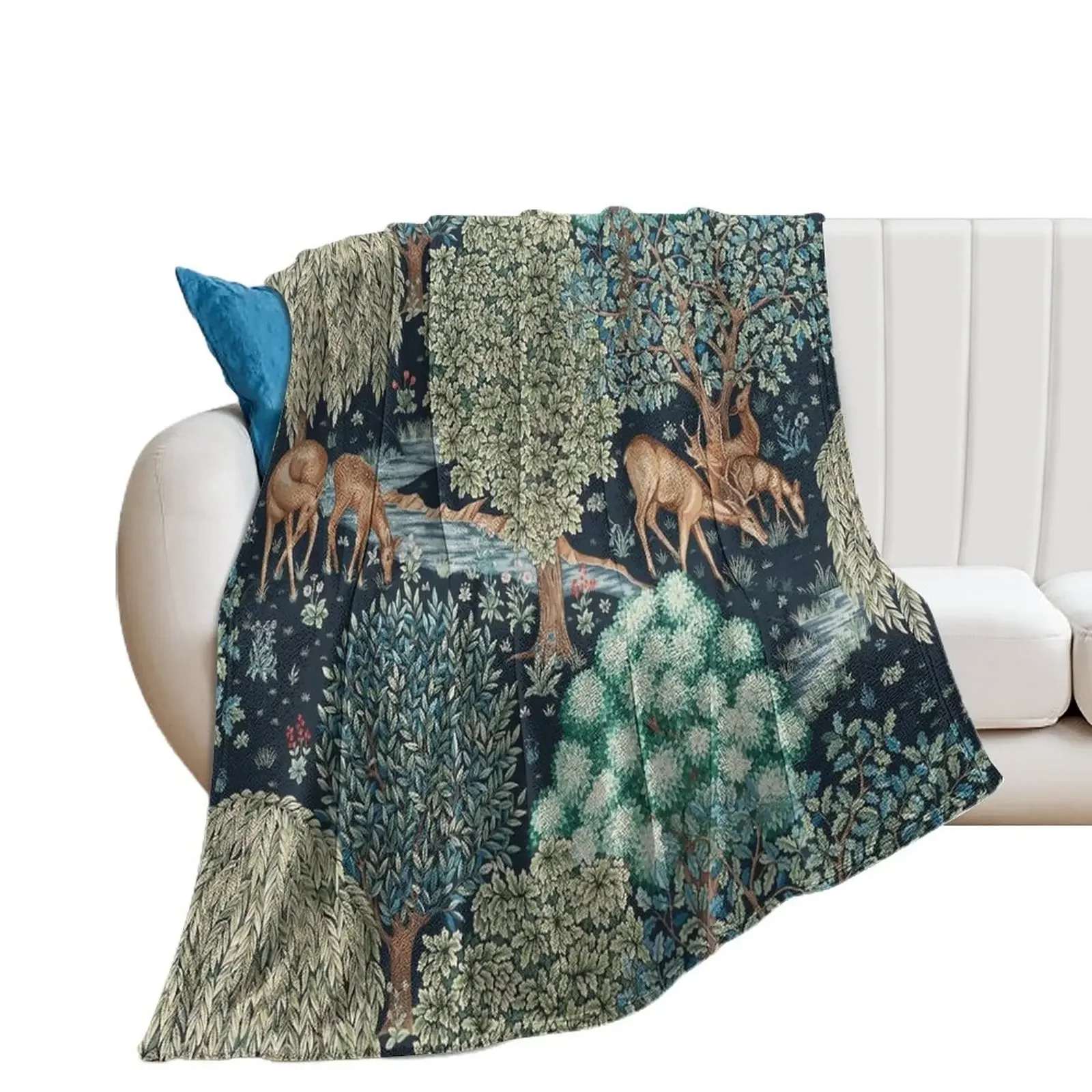 FOREST ANIMALS, DEERS BY A BROOK Blue Green Floral Throw Blanket blankets and throws warm winter Blankets