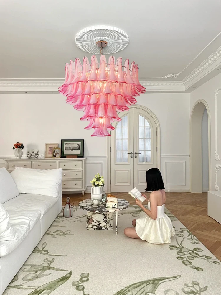 

Pink Glass Luxury Ceiling Chandeliers French Style Girl's Room Decoration Hanging Lamp Elegant Vintage Led Lighting over Villa