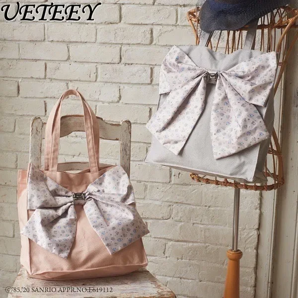 Japanese Style Printed Bow Literary and Casual Canvas Shoulder Bag Sweet Girl Out Shopping Versatile Handbag Cosmetic Bags