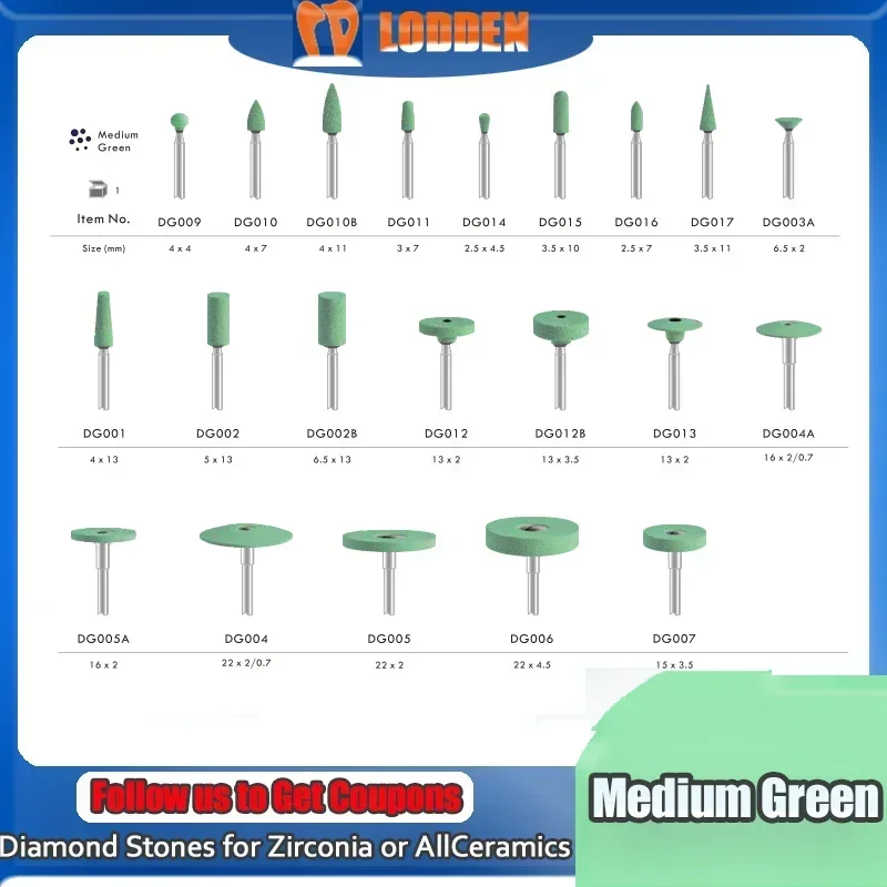 LODDEN Dental Lab Diamond Stones for Zirconia All-ceramics Ceramic Diamond Grinding Burs Polisher Medium Green Laboratory Tools