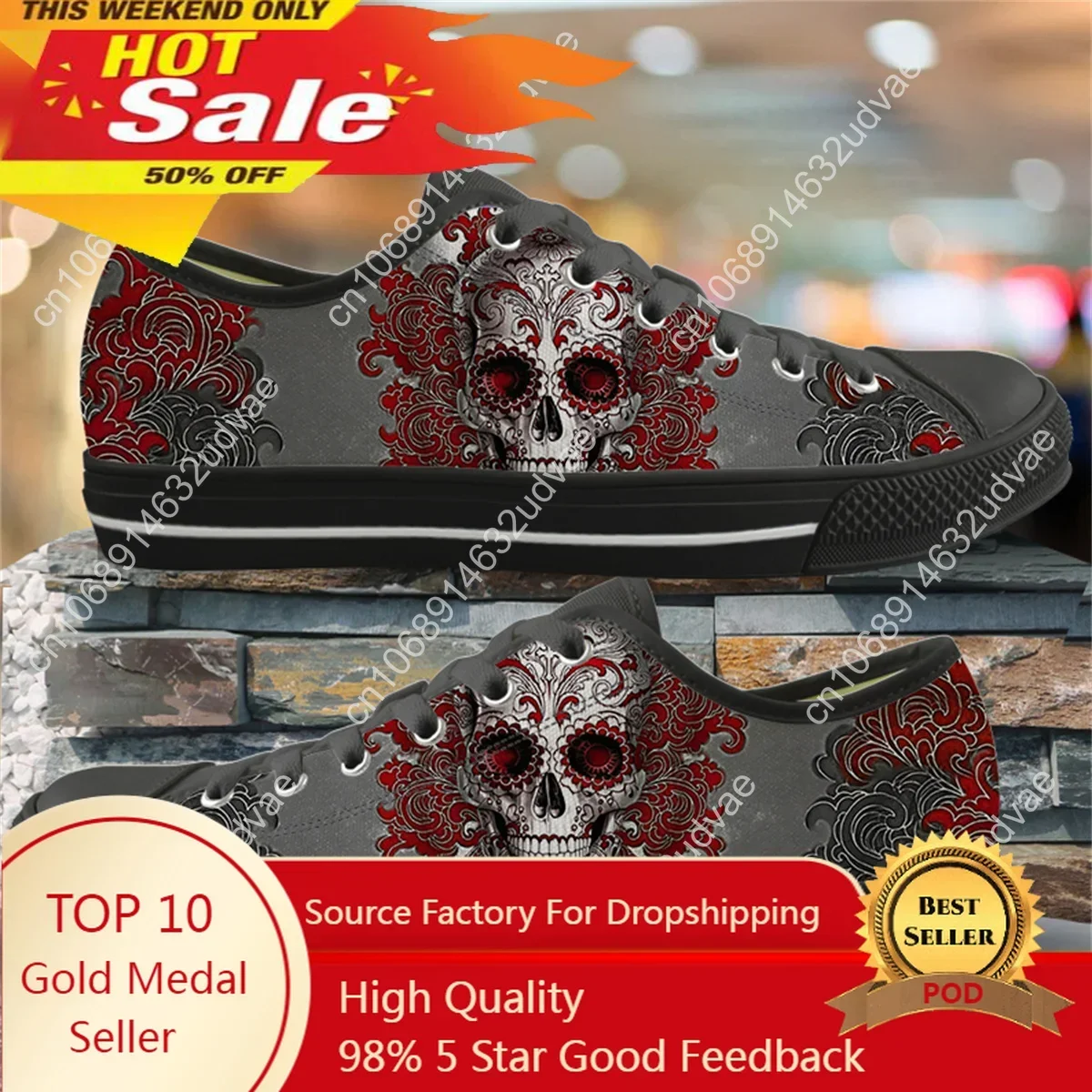 

Gothic Skull Print Lace Up Vulcanized Shoes Breathable Casual Ladies Canvas Flat Shoes Teenager Fitness Light Running Sneakers