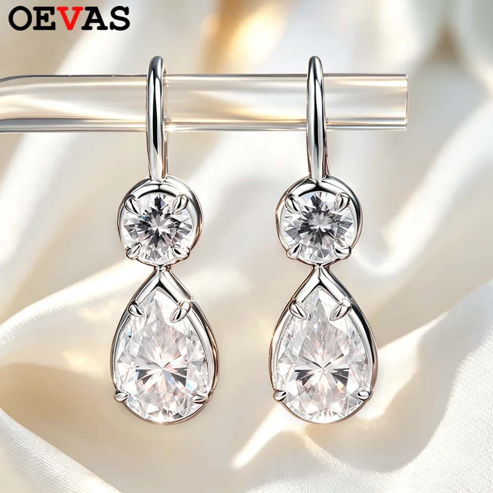 OEVAS 9.6CT Pear/Round Cut Moissanite Drop Earrings S925 Silver Plated 18K Gold Waterdrop Dangle Earring for Women Fine Jewelry