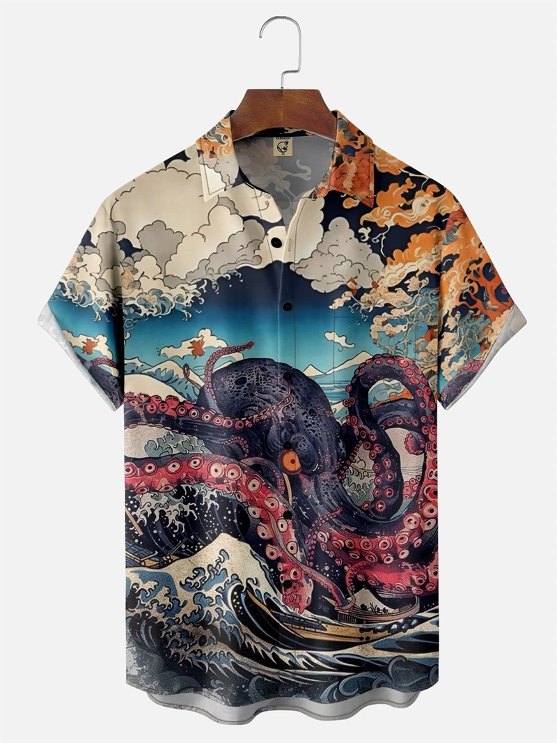 

Мужская рубашка на пуговицах с коротким рукавом, летняя повседневная рубашка Ukiyoe в японском стиле с принтом, гавайские рубашки, мужская рубашка Aloha с лацканами, винтажные топы