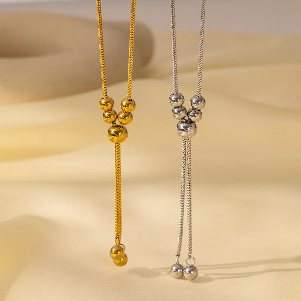 Edelstahl-Halskette mit ausziehbaren runden Perlen und hochwertiger Quaste, verstellbare lange Pulloverkette, Nischen-Accessoire mit Eleganz, Geschenk – Detail 2