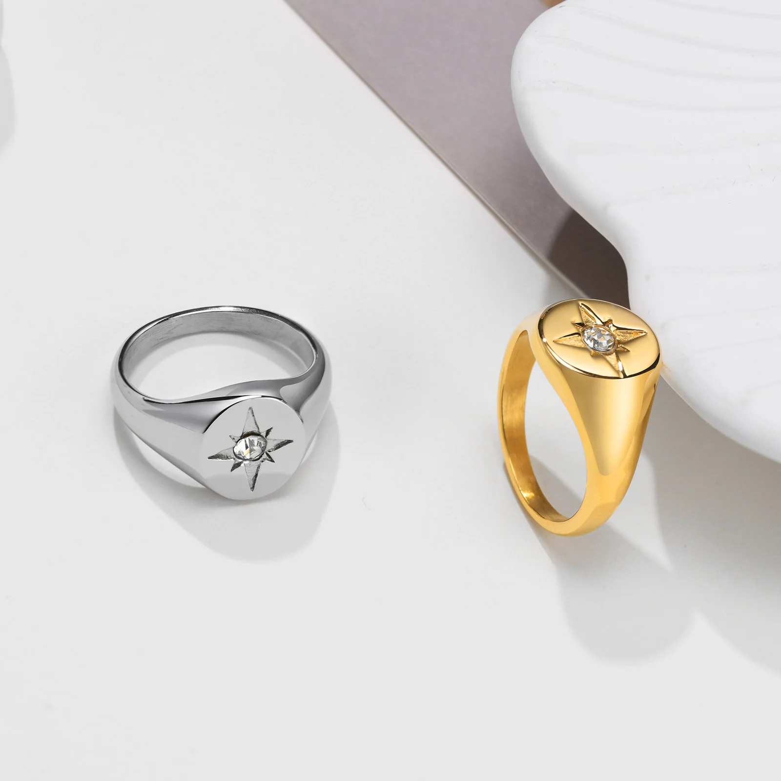 Women Star Signet Rings, Gold Color Solid Stainless Steel Round Top Finger Band, AAA CZ Stone Star Girl Anel