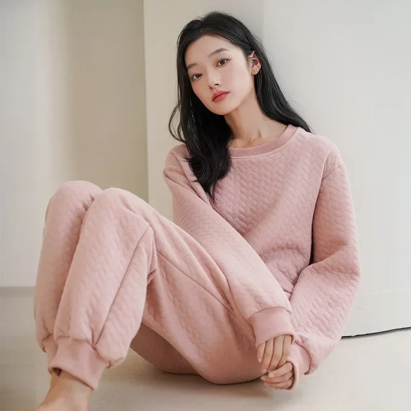 

Solid Cotton Pajamas Set 2024 Autumn/Winter New Simple Thickened Round Neck Top Pants Sleepwear Keep Warm Home Clothes Women