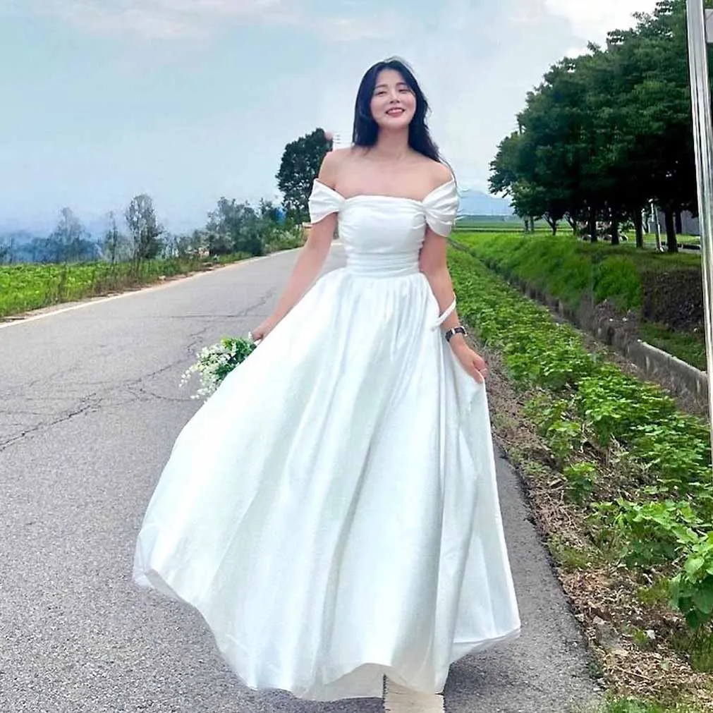 OEING Off Shoulder Korea Garden Evening Dresses Short Sleeves Formal 프롬드레스  Floor Length Elegant Prom Growns Party Women Bride