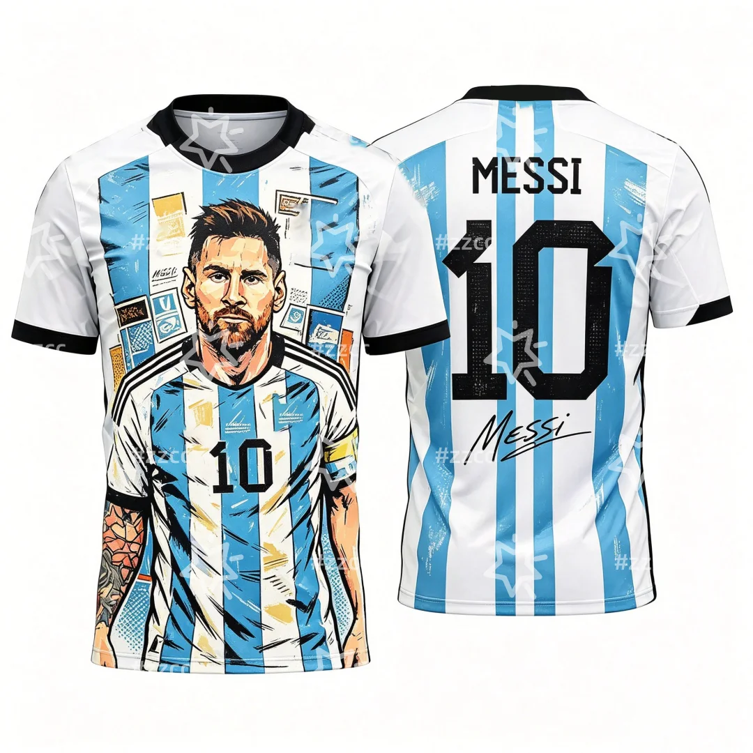 Argentina Messi Full Portrait Number 10 Crew Neck Football Jersey Family Matching T-shirt Suitable for Daily and Training Wear